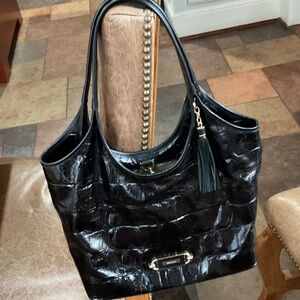 Brahmin Black Croc-Embossed Leather Tote with Tassel